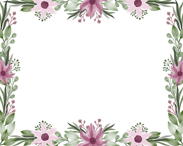 rectangle frame with purple flower and green leaf border in white background