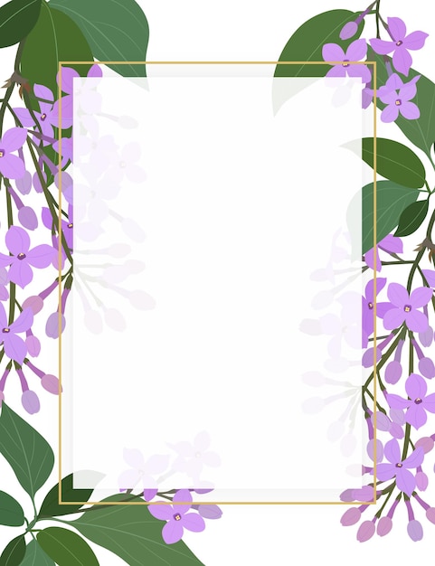 Rectangle frame with purple lilac flowers and plants on a white background Vector Illustration