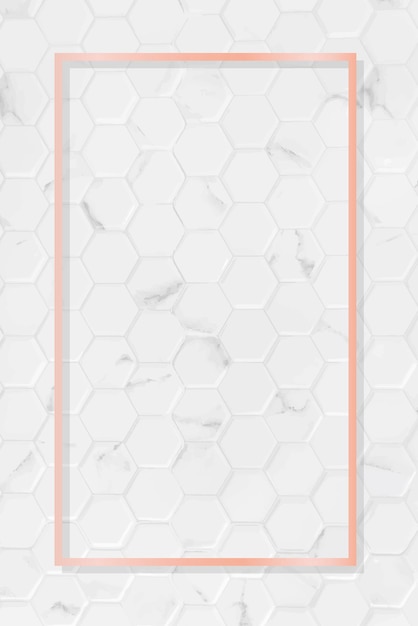 Rectangle pink gold frame on hexagon pattern white marble background vector