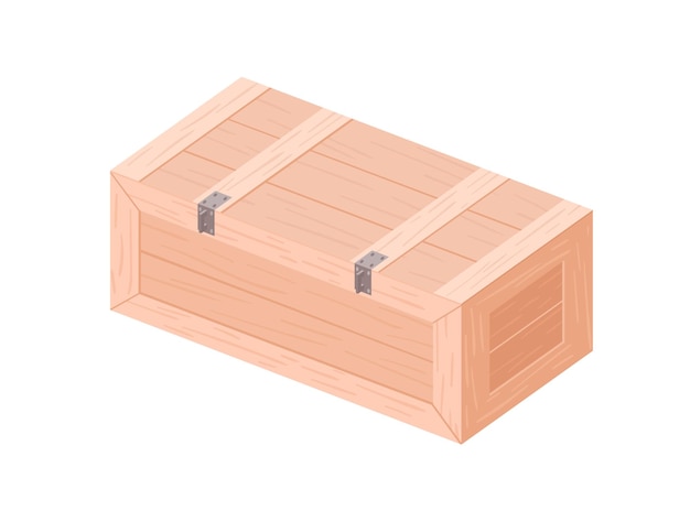 Rectangle wooden casket from planks. Closed wood box with lid for goods. Container for storage and transportation. Plywood package. Colored flat vector illustration isolated on white background.