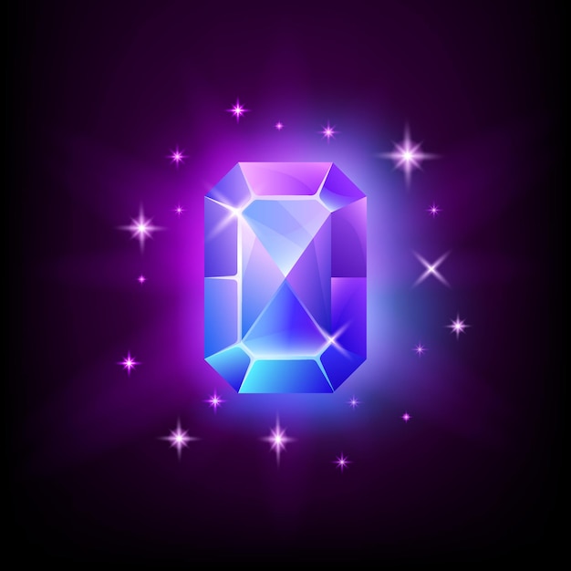 Rectangular blue shining gemstone with magical glow and stars on dark backgroundillustration