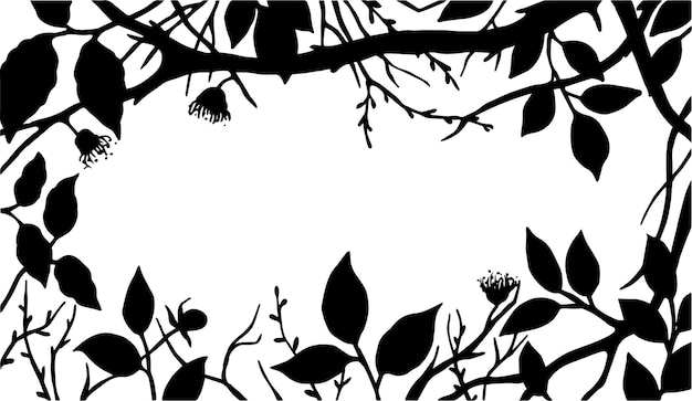 rectangular frame made of tree branches and leaves black and white outline