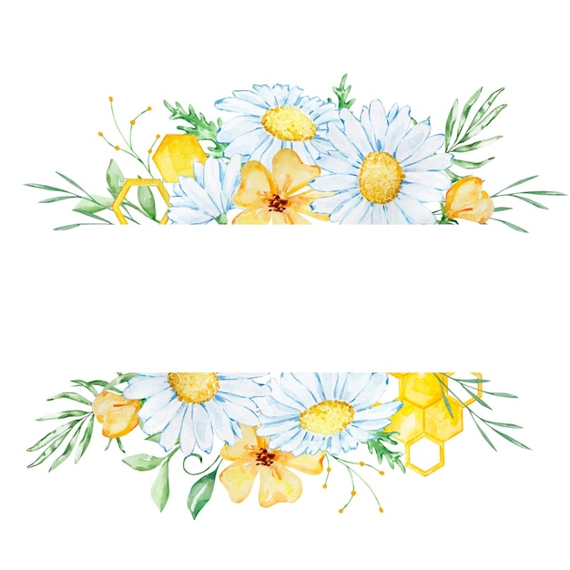 Rectangular frame with watercolor chamomile and honeycomb