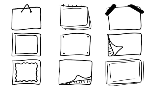 Rectangular hand drawn frames set. Collection of doodles in linear style with scribble borders.