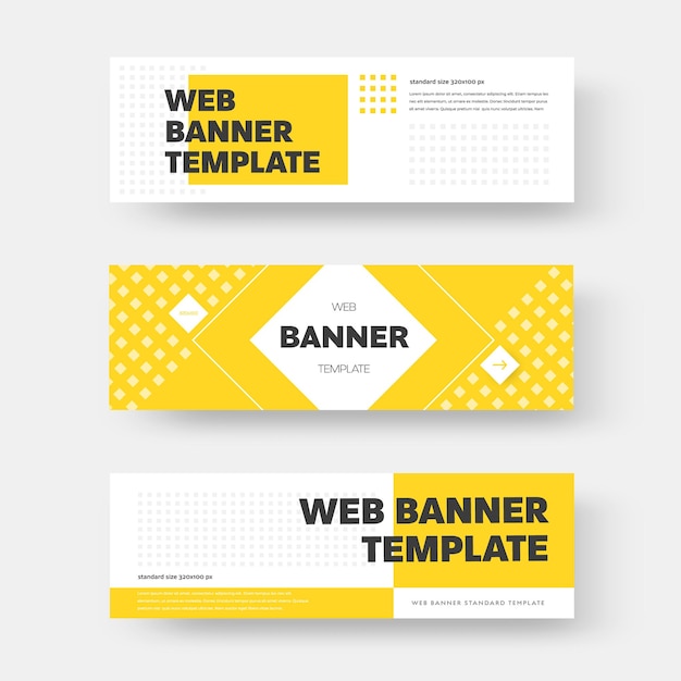 Rectangular horizontal web banner design with rhombus, square and arrow buttons. Template in yellow, white and black. Layout for advertising