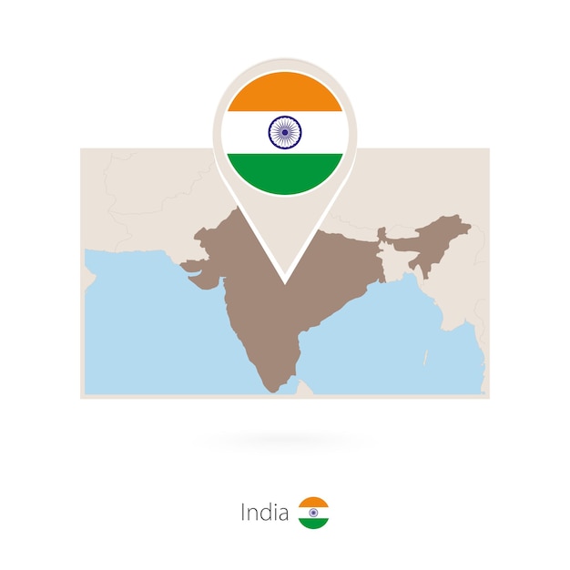 Rectangular map of India with pin icon of India