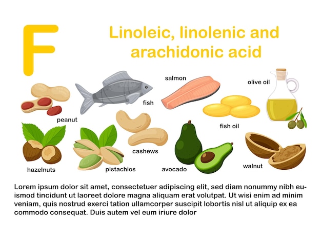 Rectangular poster with food products containing vitamin F Linolenic and arachidonic acidsMedicine diet healthy eating infographics Flat cartoon food illustration isolated on a white background