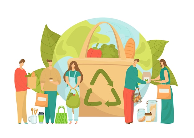 Recycle eco bag zero plastic waste for environment ecology vector illustration Flat organic reuse ecological friendly and reuse bag