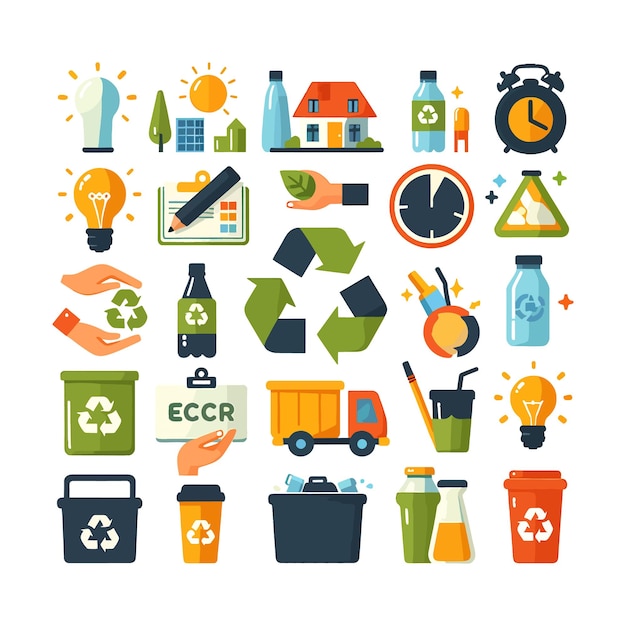 Recycle icon set with colorful Flat vector illustration on a white background