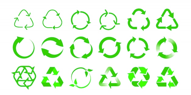 Recycle  icons bio reuse package label templates. Green eco recycle arrow in green triangle