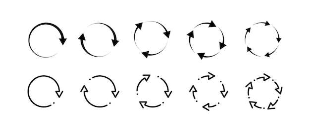 Recycle refresh rotate arrows icon set Recycling arrow icon set Rotation arrws set Different arrows collection Black arrows collection Up arrow button symbol Startup Vector graphic EPS 10