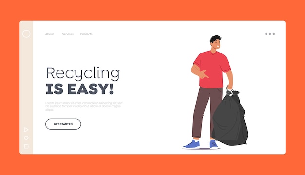 Recycling Ecology Protection Landing Page Template Man Removing Trash from Ground Male Character Cleaning Earth