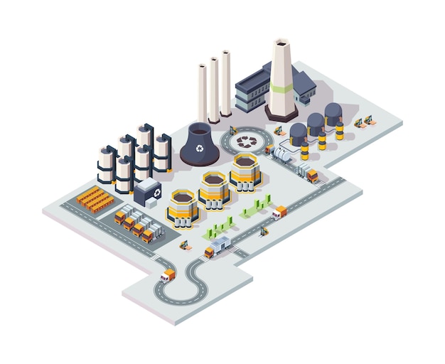 Recycling garbage factory. Industrial chemical plant architectural set vector lowpoly 3d isometric buildings. Illustration isometric recycling, polluted and industrial service