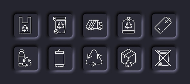 Recycling set icon Biodegradable bag arrows waste sorting trash can secondary raw materials bag battery bottle tin cardboard do not throw away Ecology concept Neomorphism Vector line icon