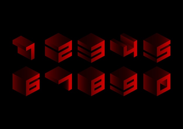 Red 3D Cubic Geometric Numbers Set