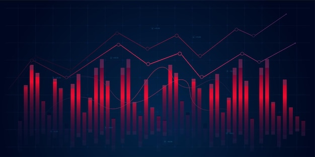 Vector red abstract financial chart with uptrend line graph and numbers in stock market on gradient