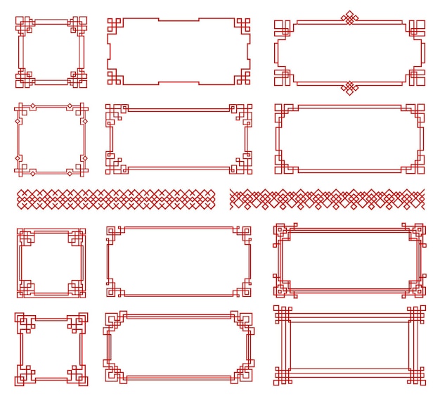 Red Asian red knot frames and borders. Korean, chinese and japanese knot vector embellishment. Chinese red pattern ornaments and asian oriental corner frames or geometric borders