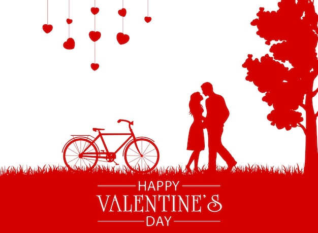 Red background with happy couple, tree and bicycle. Lettering Happy Valentine's Day. Valentines illustration with man and woman can be used for holiday design, posters, cards, websites, banners.