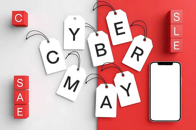 Vector a red background with white labels that say cyber monday on it