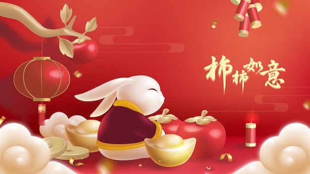 Red background of Year of the Rabbit containing persimmon lantern gold ingots