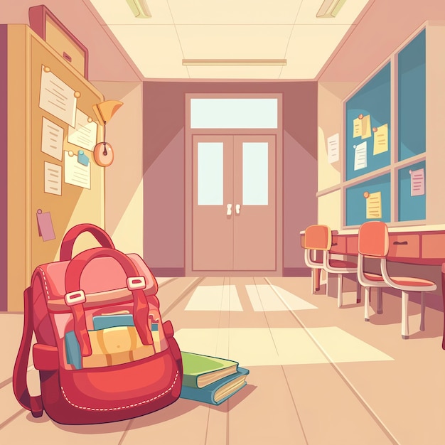 a red backpack is sitting in a room with a book on the floor