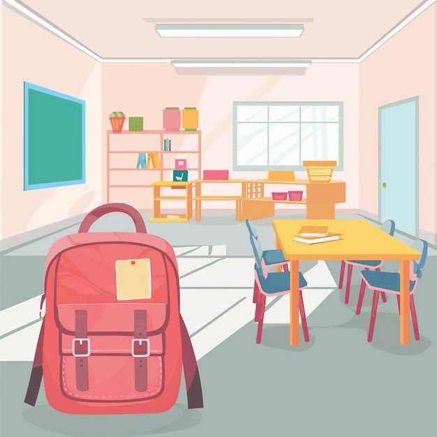 a red backpack sits in a room with a table and chairs