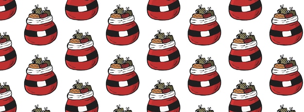 Red bag pattern with Santa Claus gifts, cute Christmas background