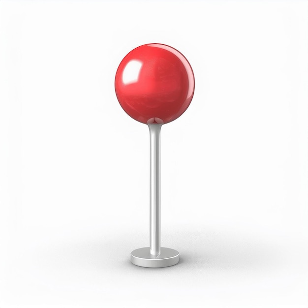 a red ball on a silver stand with a white background