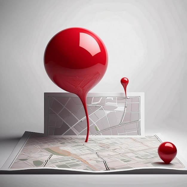 Vector a red balloon with a red dot on it is next to a map of the city