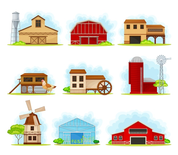 Vector red barn granary for crop storage and greenhouse vector set