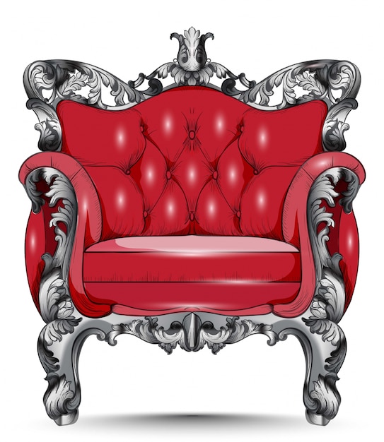 Red Baroque armchair. Furniture with Victorian ornamented fabric. Vector realistic 3D desi