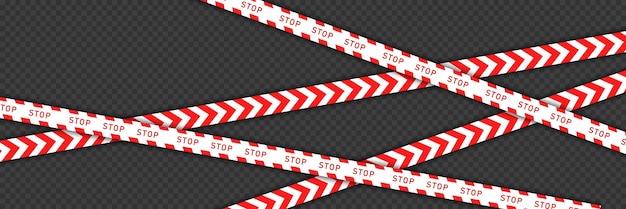 Vector red barricade tape with white diagonal stripes and text stop isolated on transparent background