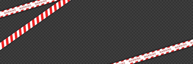 Red barricade tape with white diagonal stripes. Warning line isolated on dark transparent background