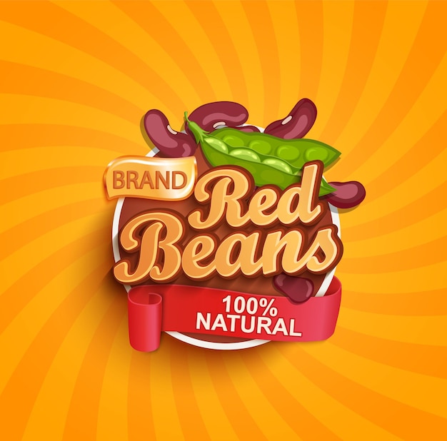 Red beans logo label or sticker on sunburst background Natural organic foodConcept for farmers