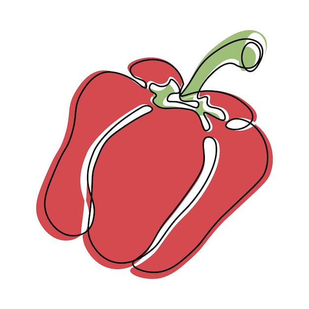 Red bell pepper, black outline with color. Vegetables illustration, vector