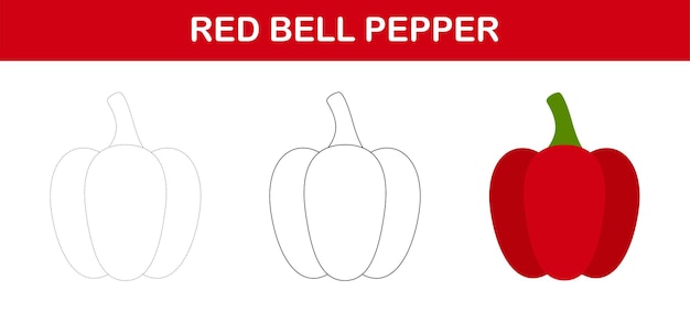 Red Bell Pepper tracing and coloring worksheet for kids