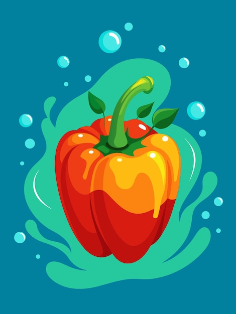 Red Bell Pepper with Green Stem and Leaves Surrounded by Teal Water Splashes