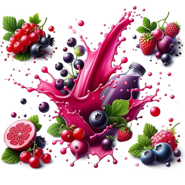 Red berry juice splash wave Whole and sliced strawberry raspberry cherry blueberry in a sweet sy