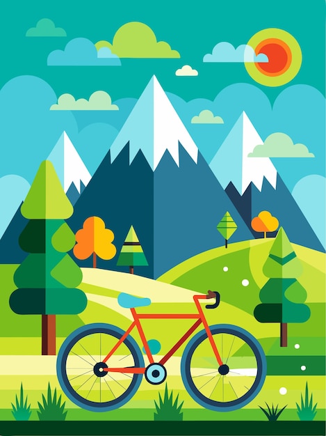 Red Bicycle in a Mountainous Landscape with a Blue Sky and Sun