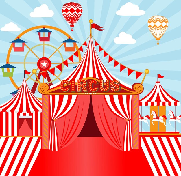 Vector the red big top entry gate circus is on a bright blue background