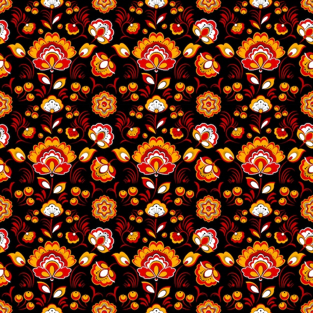 Red black floral seamless pattern in Russian tradition