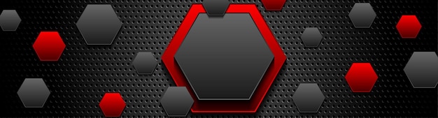 Vector red and black glossy hexagons on dark perforated background