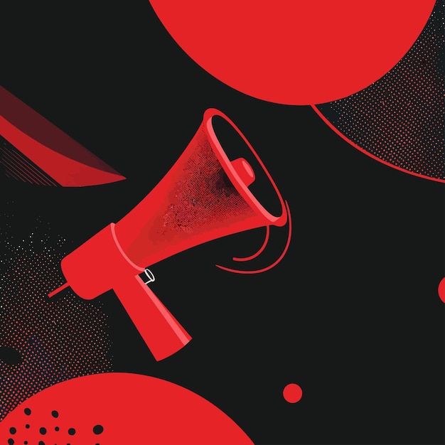 a red and black poster with a large red megaphone on it