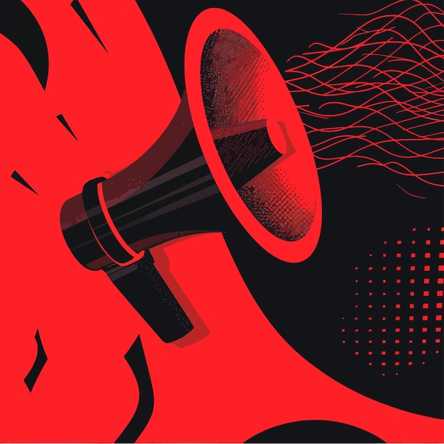 a red and black poster with a speaker with a red background with a red background with a line on it