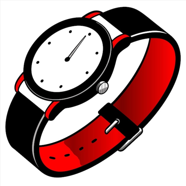 Vector a red and black watch with a white face and a black band