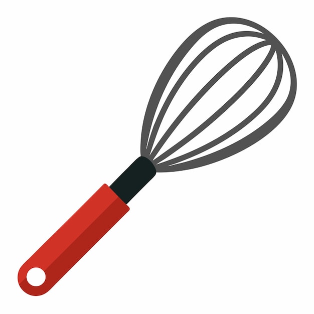 a red and black whisk with a white handle