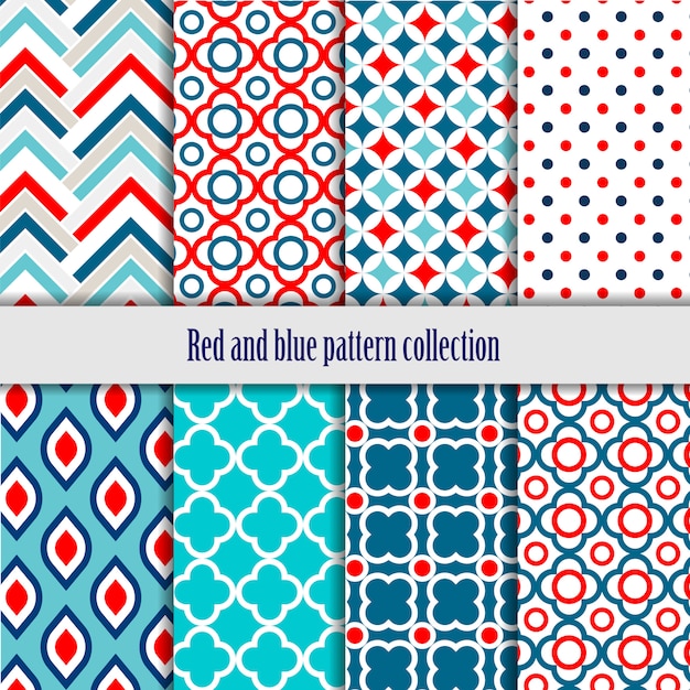 Red and blue collection of geometric seamless patterns