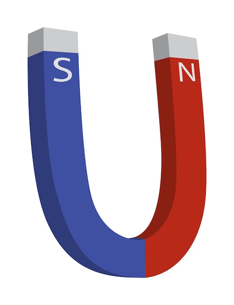 Red and blue magnet icon with two poles north and south isolated on white. Magnetism, magnetize, attraction concept. Power symbol.