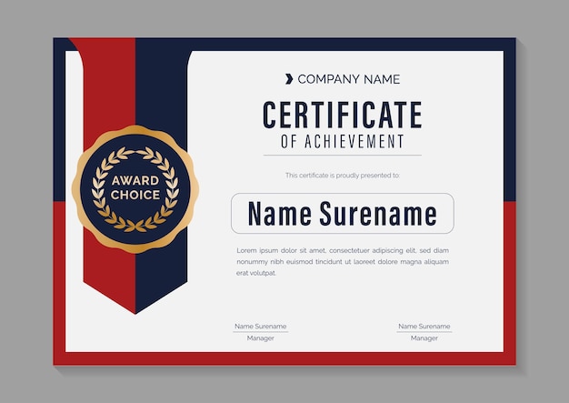 red and blue minimalist horizontal certificate of achievement design template with gold badge