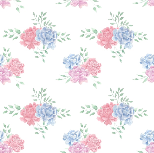 Red Blue and Purple Rose Watercolor Flower Seamless Pattern